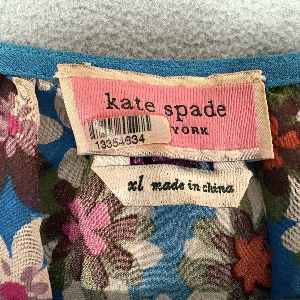 Kate Spade New‎ York Size XL Floral 100% Silk Blouse Blue Multicolor Ruffle Neck - Picture 6 of 9